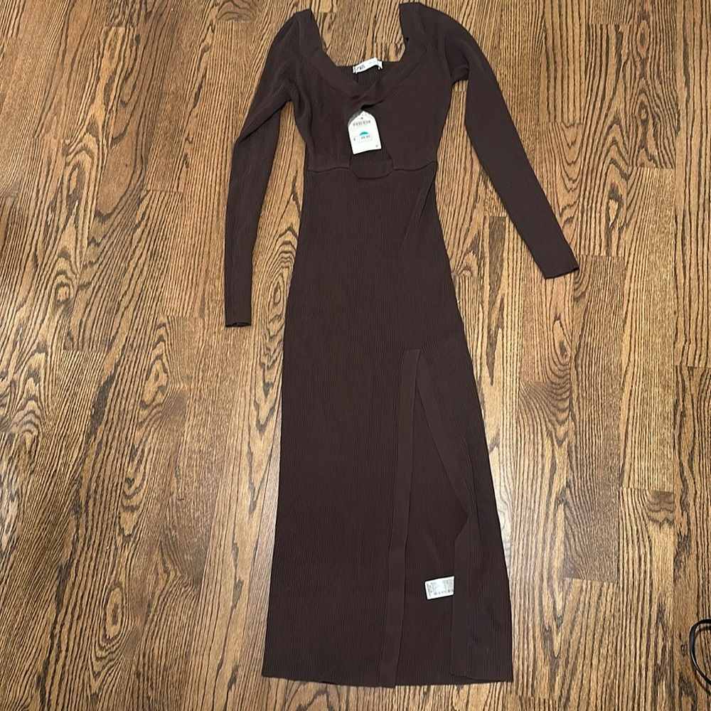 Zara chocolate brown open front dress with slit